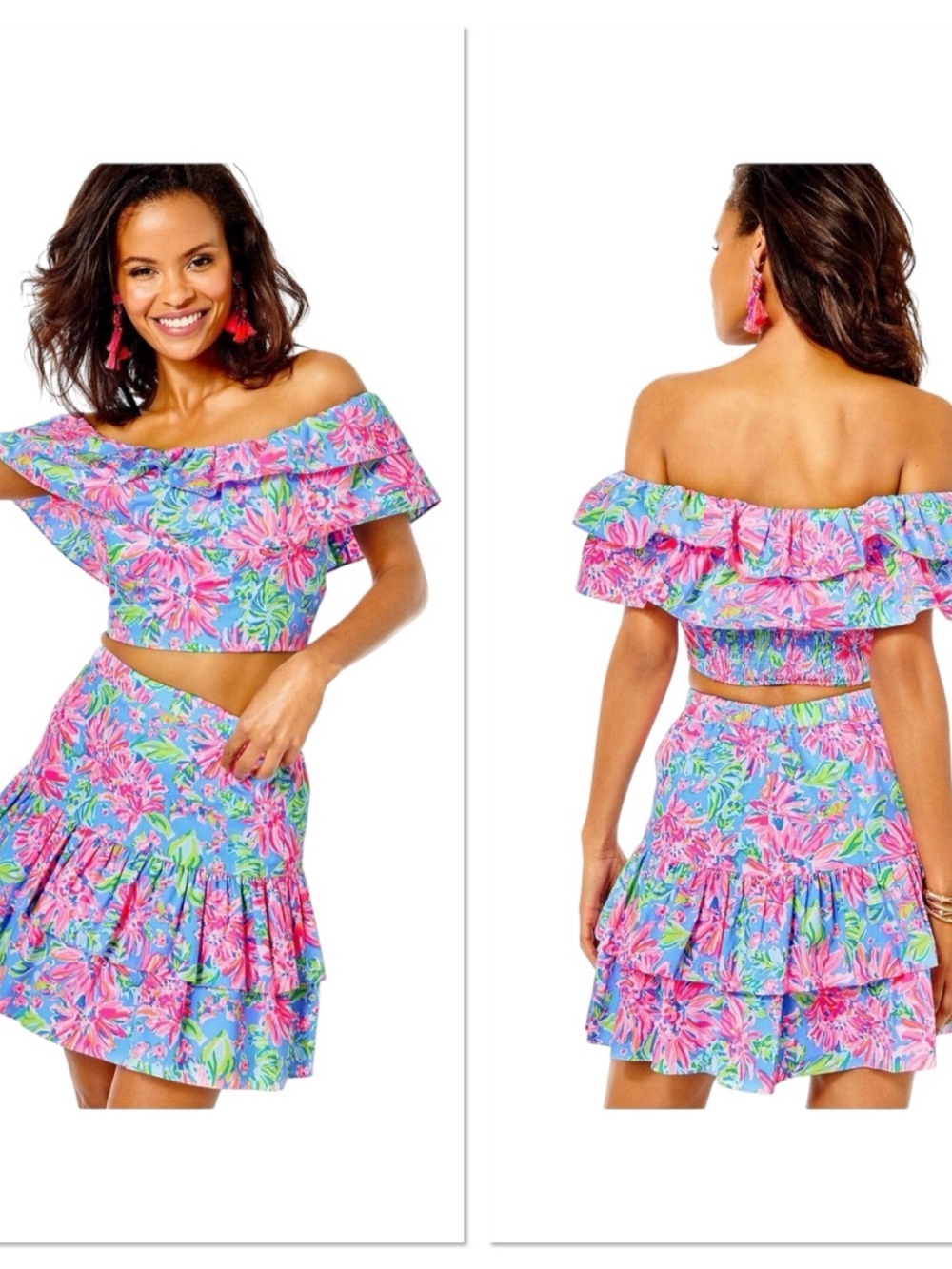 Lilly Pulitzer Mayslie Ruffle Crop Top Pink Blue Peri Sunrise Bay Women Size 10